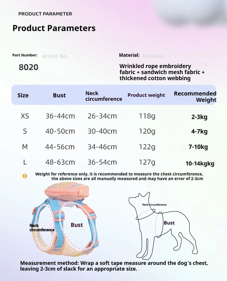 Cute Korean-Style Dog Harness & Leash – No-Pull Adjustable Vest for Small Pets, Ideal for Walks